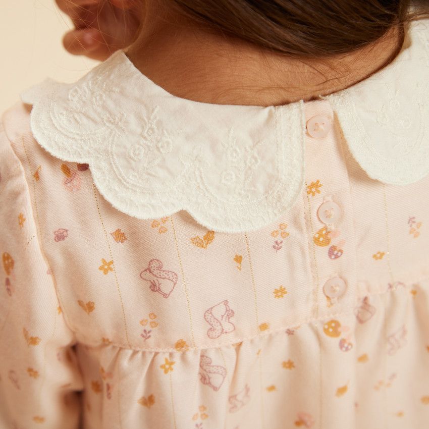 Robe manches longues col claudine imprimé fantaisie pour fille - Rose