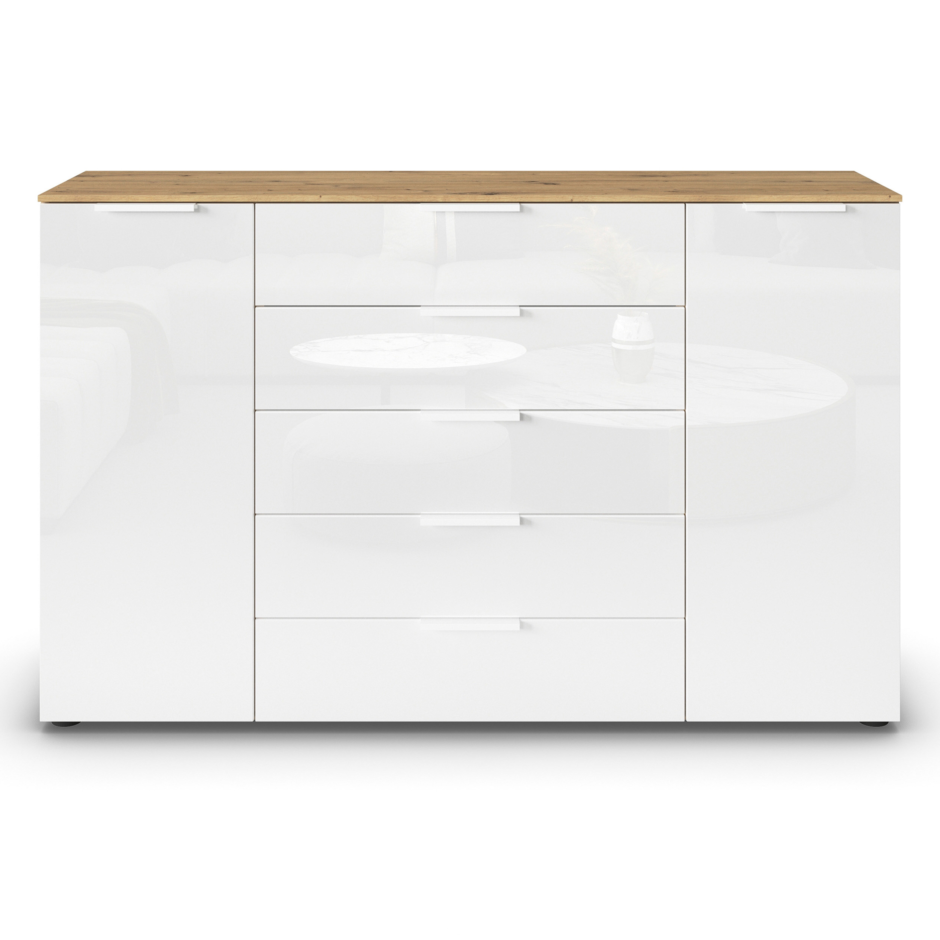 Kommode - Artisan Eiche-Kristallweißglas - weiße Griffe - 160 cm