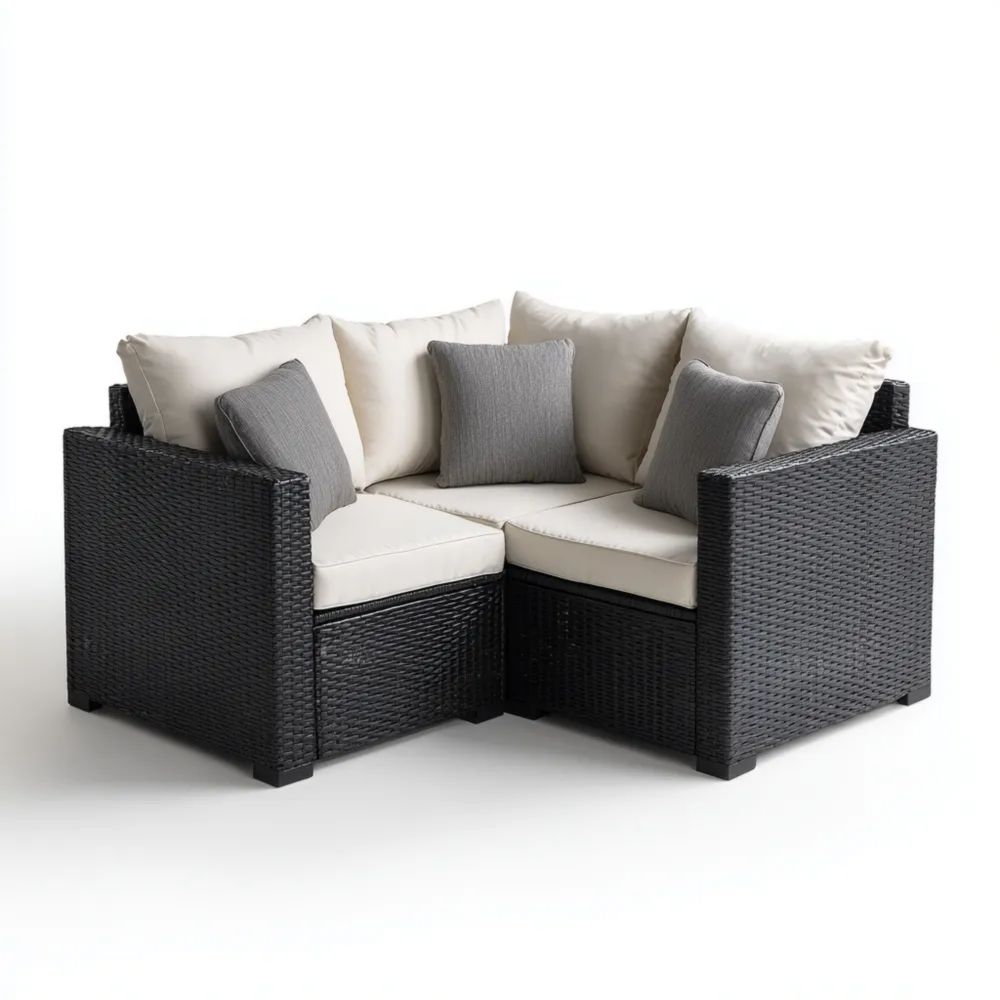 Ecksofa im Garten Rattan 150x150x70 cm – Schwarz/Creme/Grau – Modernes Design