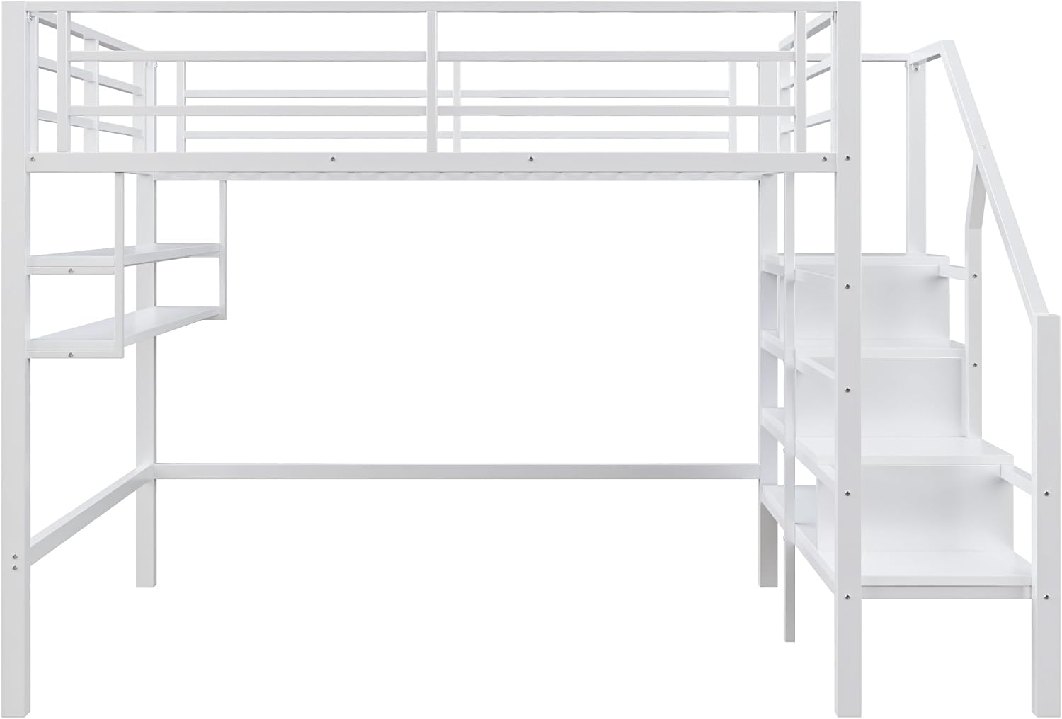 Metall Hochbett 140 * 200cm, Freiraum unter dem Bett, Etagenbett Hoch mit Regale, Ablagetreppe, Erwachsene&Jugendzimmer, ohne Matratze (Weiß, B)