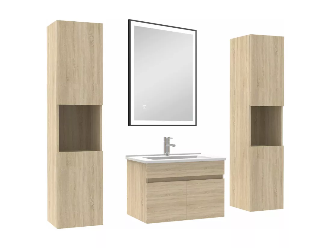 Meuble simple vasque chêne wotan 60cm avec colonne et miroir 3 couleurs et dimmable