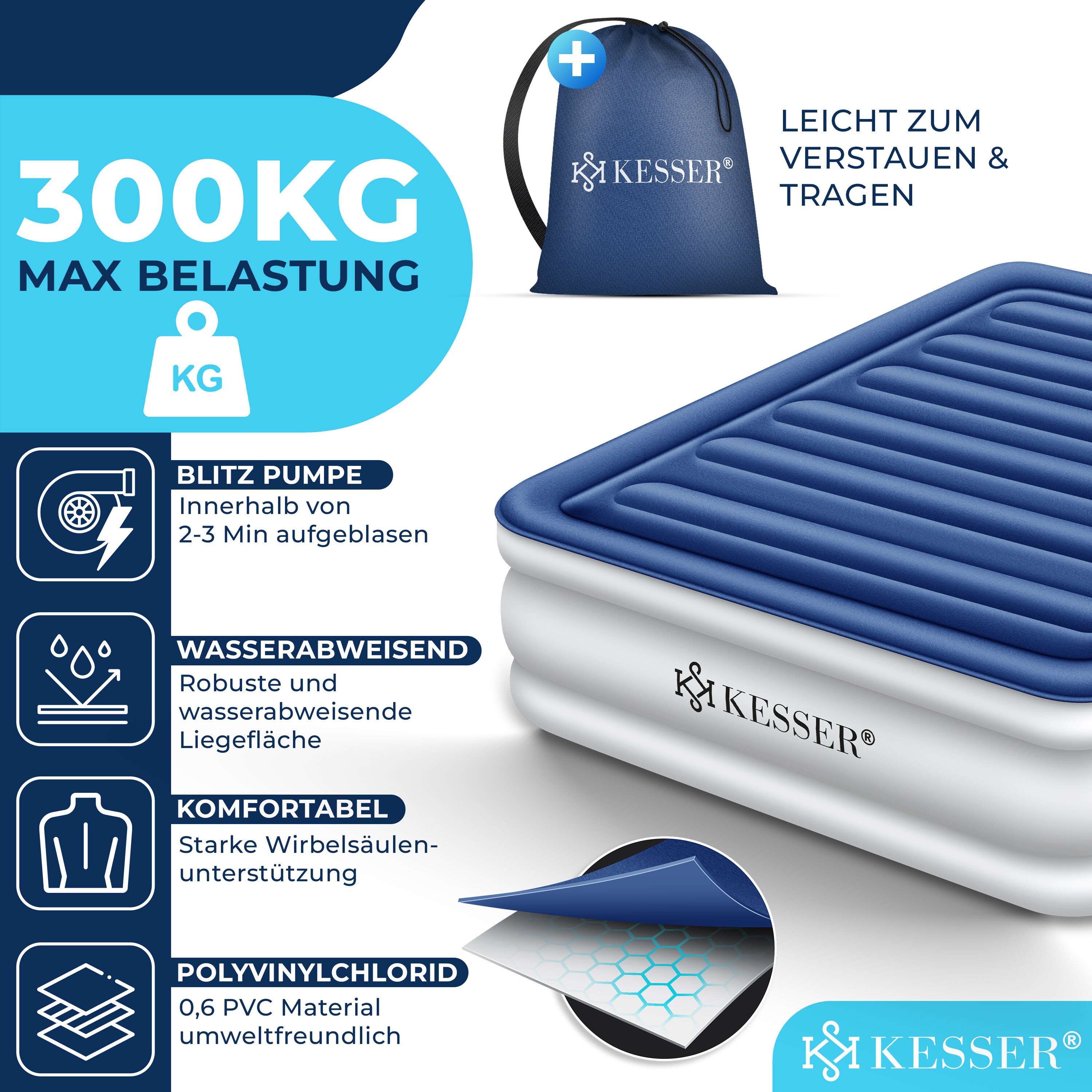 KESSER® Aufblasbare Matratze Luftbett mit eingebauter elektrischer Pumpe integrierte erhöhte aufblasbare Matratze für Übernachtungsgäste mit Aufbewahrungstasche