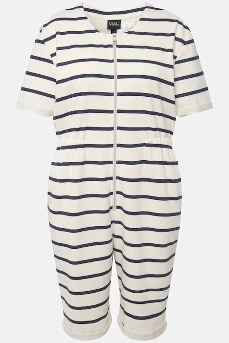 Loungewear-Jumpsuit, Ringel, Rundhals, Zipper, Halbarm
