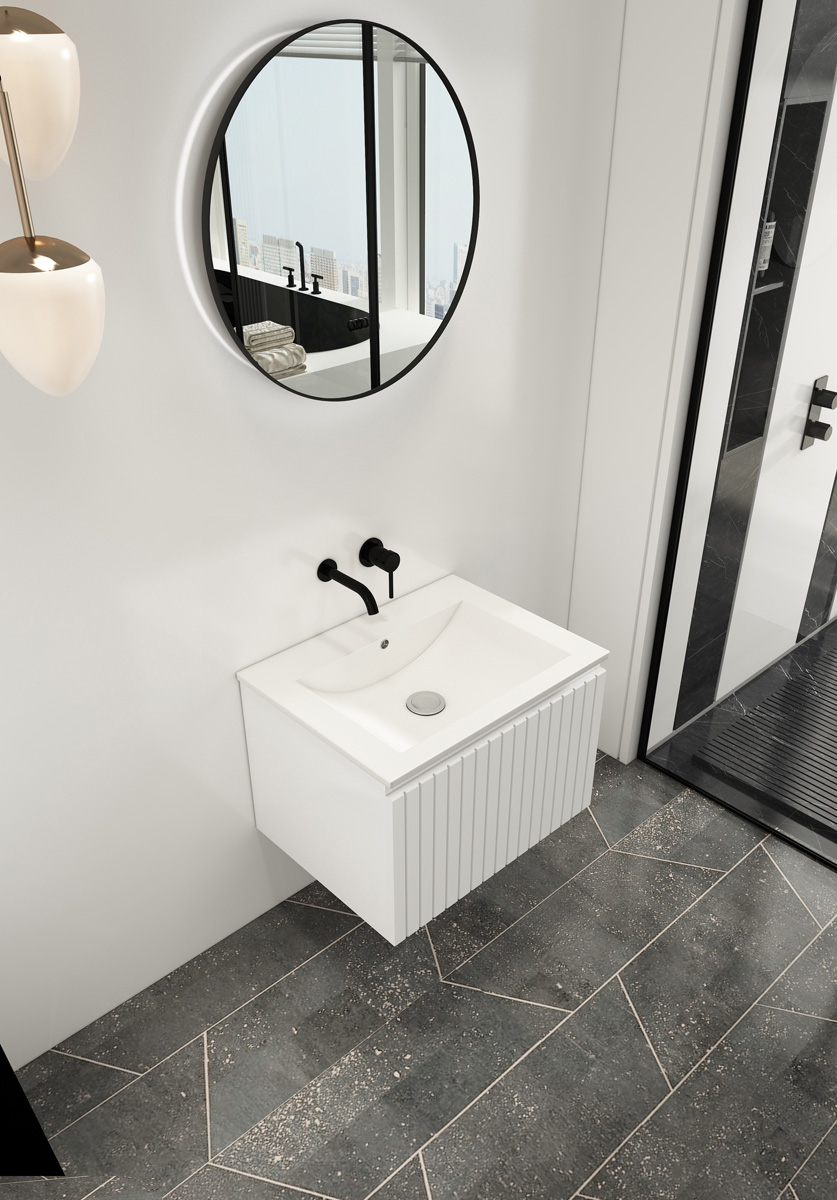 Fontana Lento wit badkamermeubel ribbelfront met witte wastafel 60cm zonder kraangat en ronde spiegel