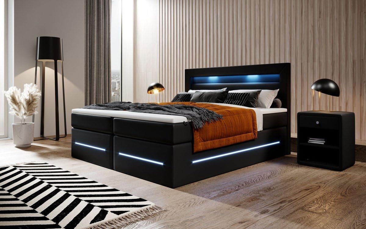 Boxspringbett Sevilla 180x200 Doppelbett Polsterbett Bett mit LED-Beleuchtung und Stauraum | Bezug: Kunstleder | Farbe: Schwarz | Härtegrad: H2 (bis 70kg)