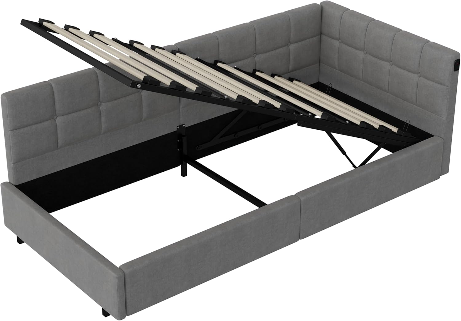 Polsterbett Schlafsofa 90 x 200 cm mit LED und USB, Jugendbett Multifunktionsbett mit Hydraulischer Stauraum und Bettkasten, Schlafsofa Einzelbett Sofa-Bett mit Lattenrost, Daybett Tagesbett (Grau)