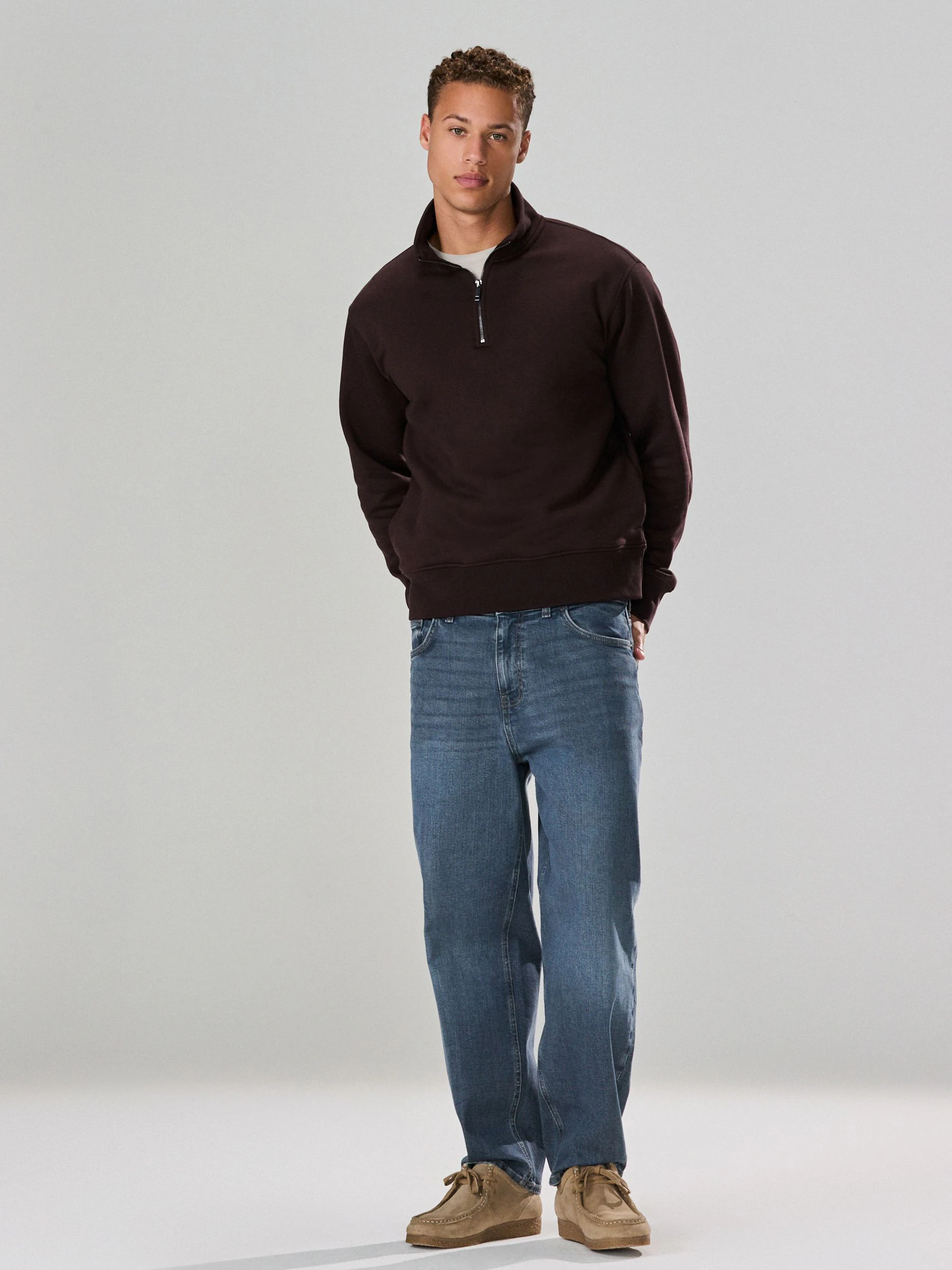 Chocoladebruin - Kwartrits - Sweatshirt van jersey met hoog katoengehalte