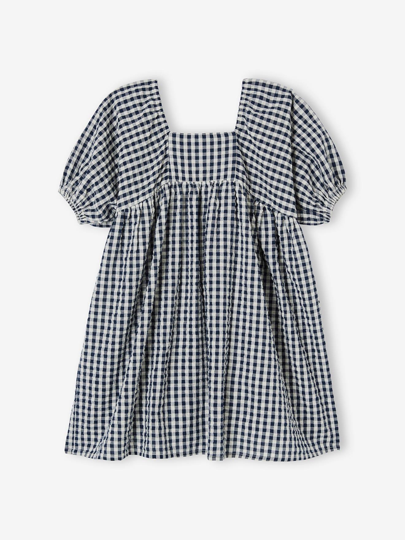 Vestido xadrez vichy com mangas bufantes para meninas, azul marinho.