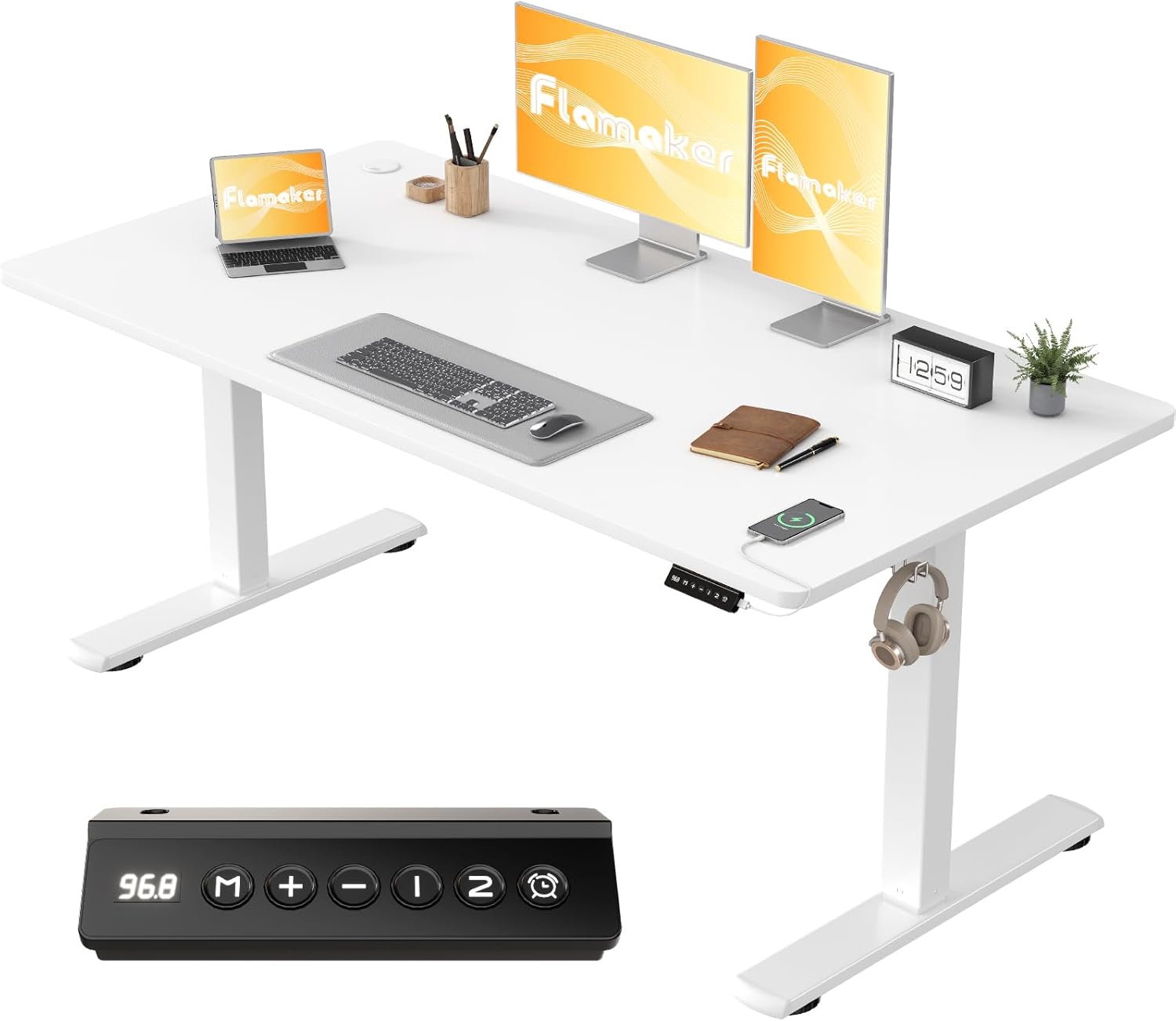 Flamaker Höhenverstellbarer Schreibtisch Ganze Tischplatte 140 x 60 cm, Schreibtisch Höhenverstellbar Elektrisch mit Memory Steuerung, Gaming Tisch mit Sitzende Erinnerung und USB-Aufladung (Weiß)