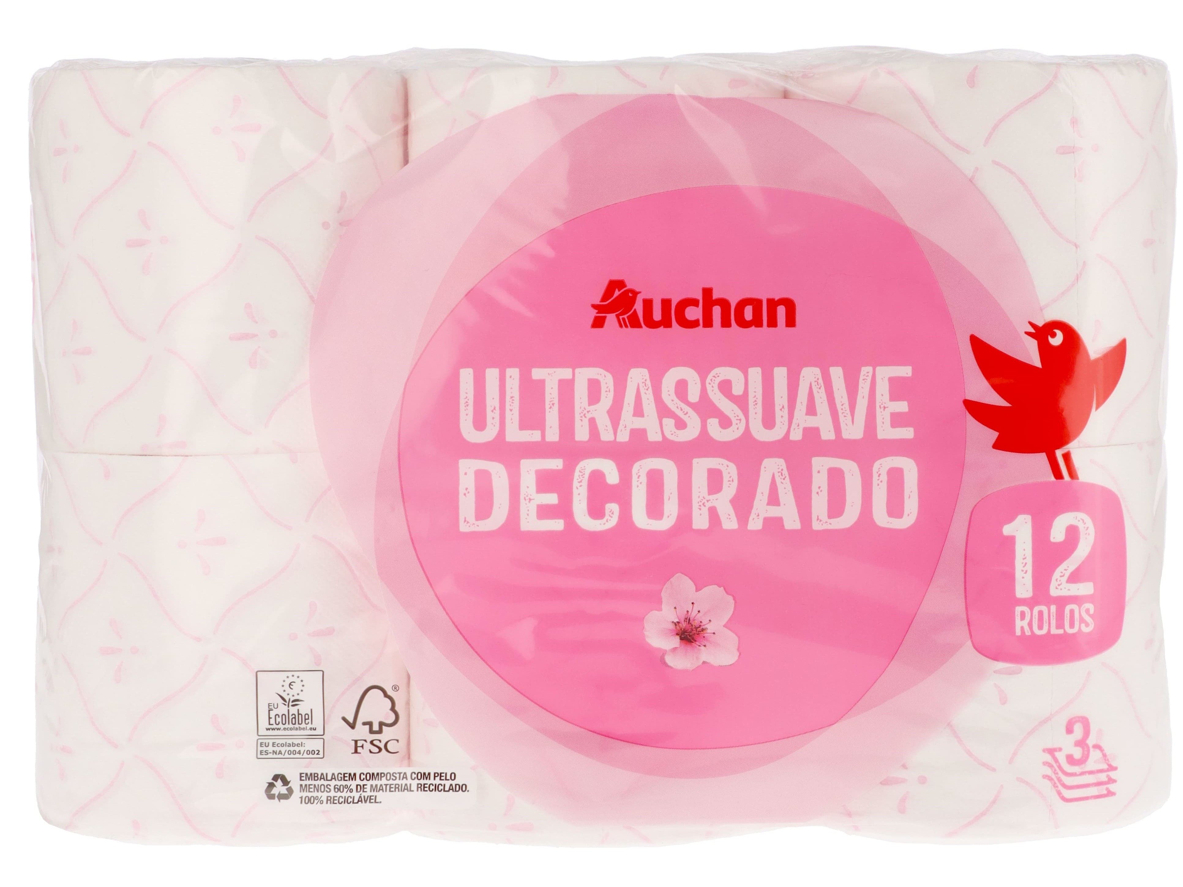 PAPEL HIGIÉNICO AUCHAN ULTRASSUAVE DECORADO 3 FOLHAS 12 ROLOS