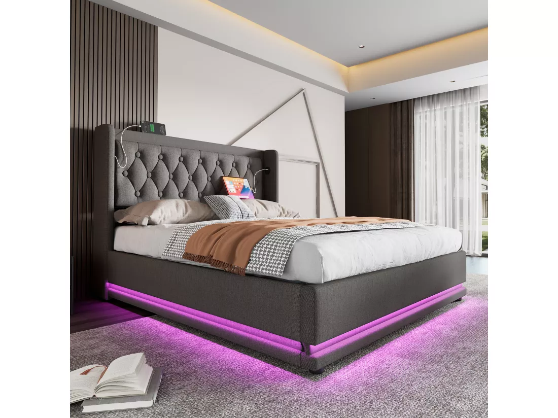 Lit coffre 140 x 200 cm avec tête de lit - Prises USB et Type-C - LEDs - Tissu en coton - Gris (sans matelas)