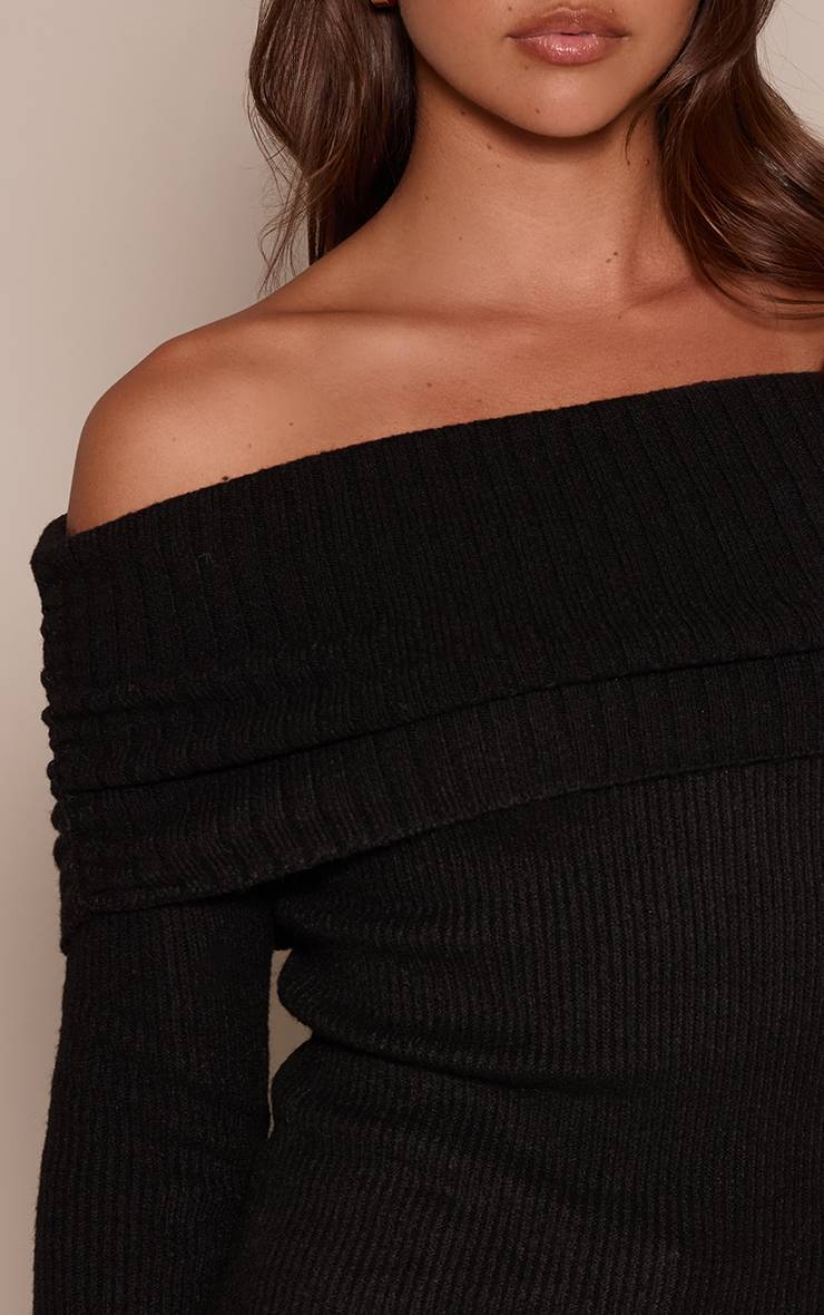 Noir Synthétiquell En Maille À Encolure Bardot Rabattue
