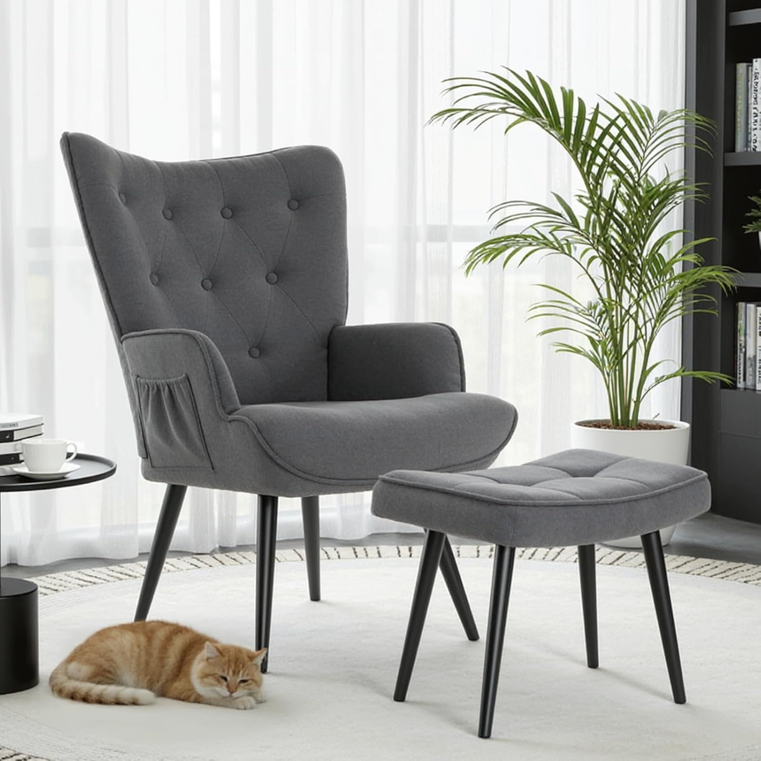 Clevich Ohrensessel - Gemütlicher Loungesessel mit Hocker, Lesesesselaus, Chenille Armchair für Wohnzimmer & Schlafzimmer - Bis 168kg, Grau