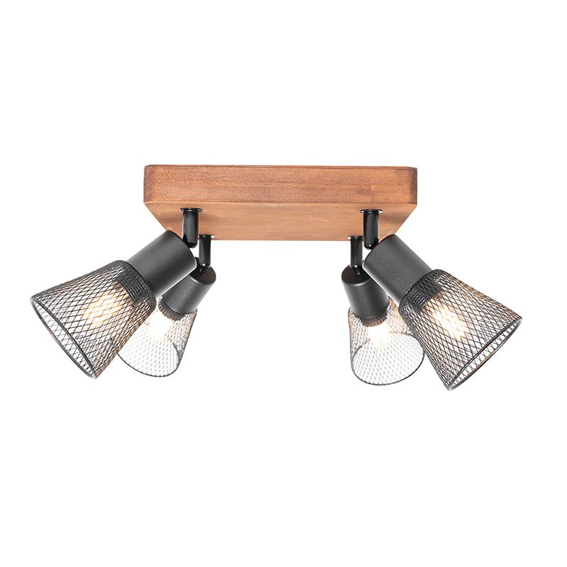 Industriële spot zwart met hout 4-lichts - Kristina