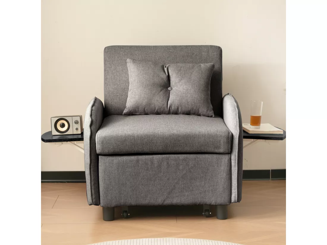 Fauteuil escamotable en lin - avec tables d'appoint pliantes - Gris