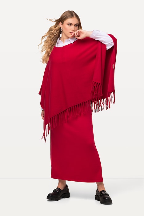 Strickponcho, Oversized, Fransen, U-Boot-Ausschnitt