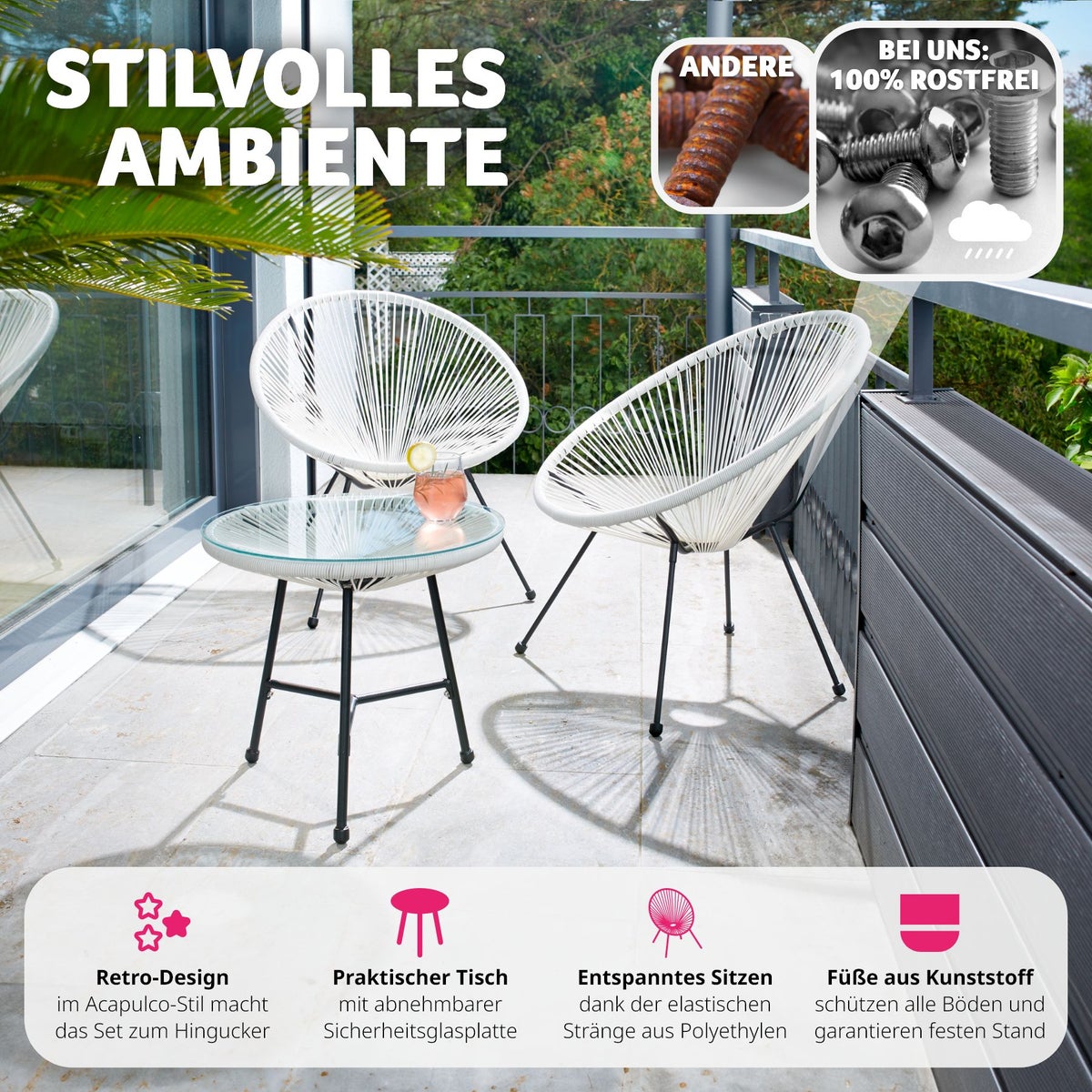 Santana tuinstoelen met tafel, tectake retrodesign in Acapulco-stijl, stoeldraagvermogen 120 kg