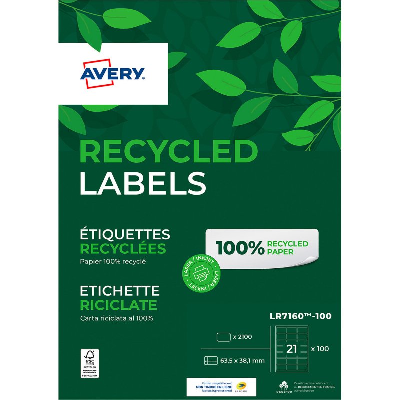 Etiquette adresse multi-usage recyclée 63,5 x 38,1 mm Avery LR 7160-100 blanche - Boîte de 2100