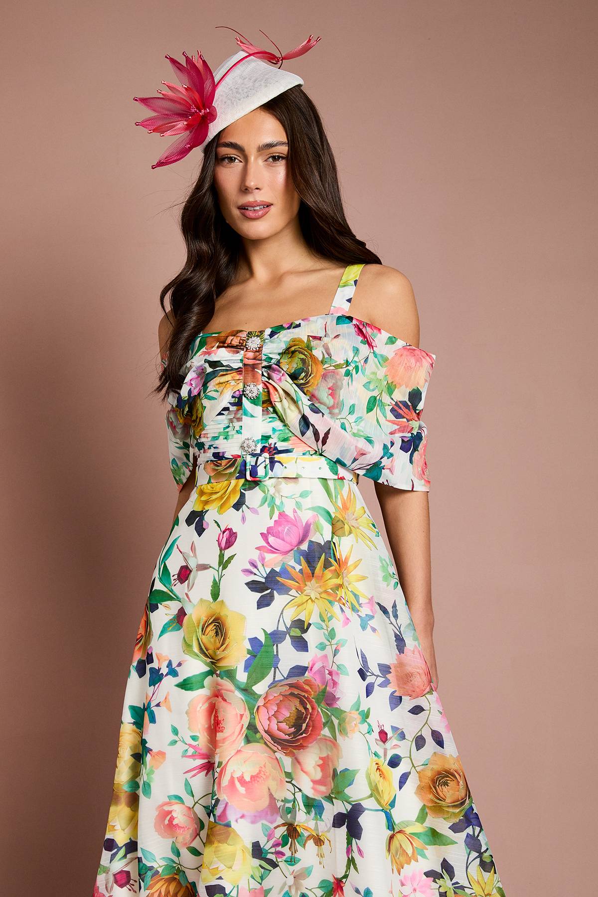 Coast Robe Midi Lisa Tan À Jupe Ample Et Col Bardot