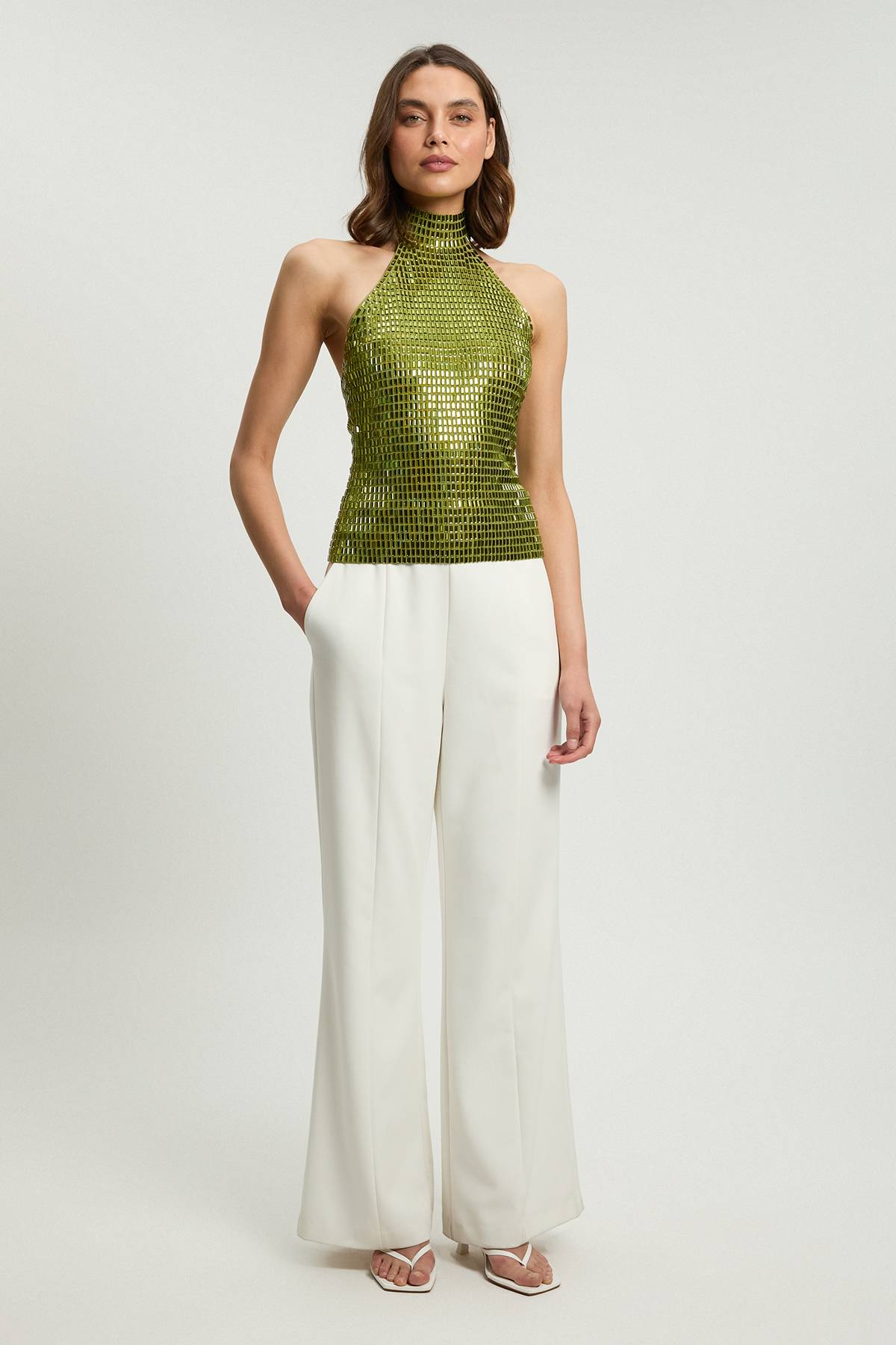 KarenMillen Premium Crystal Embellished Jersey Halter Top