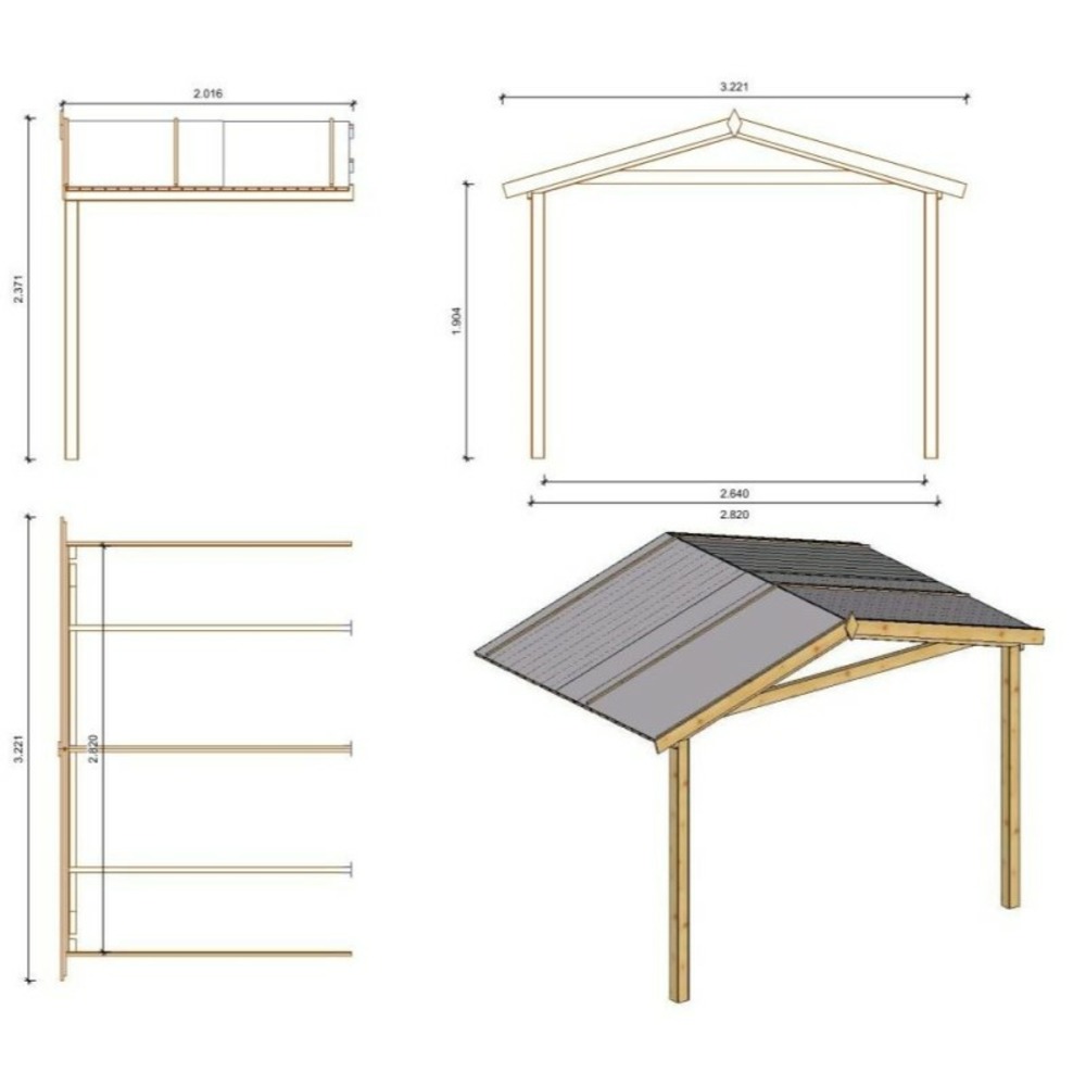 Abri de jardin en bois - 3x3 m - 15 m2 + terrasse avec balustrade et avant-toit en bois