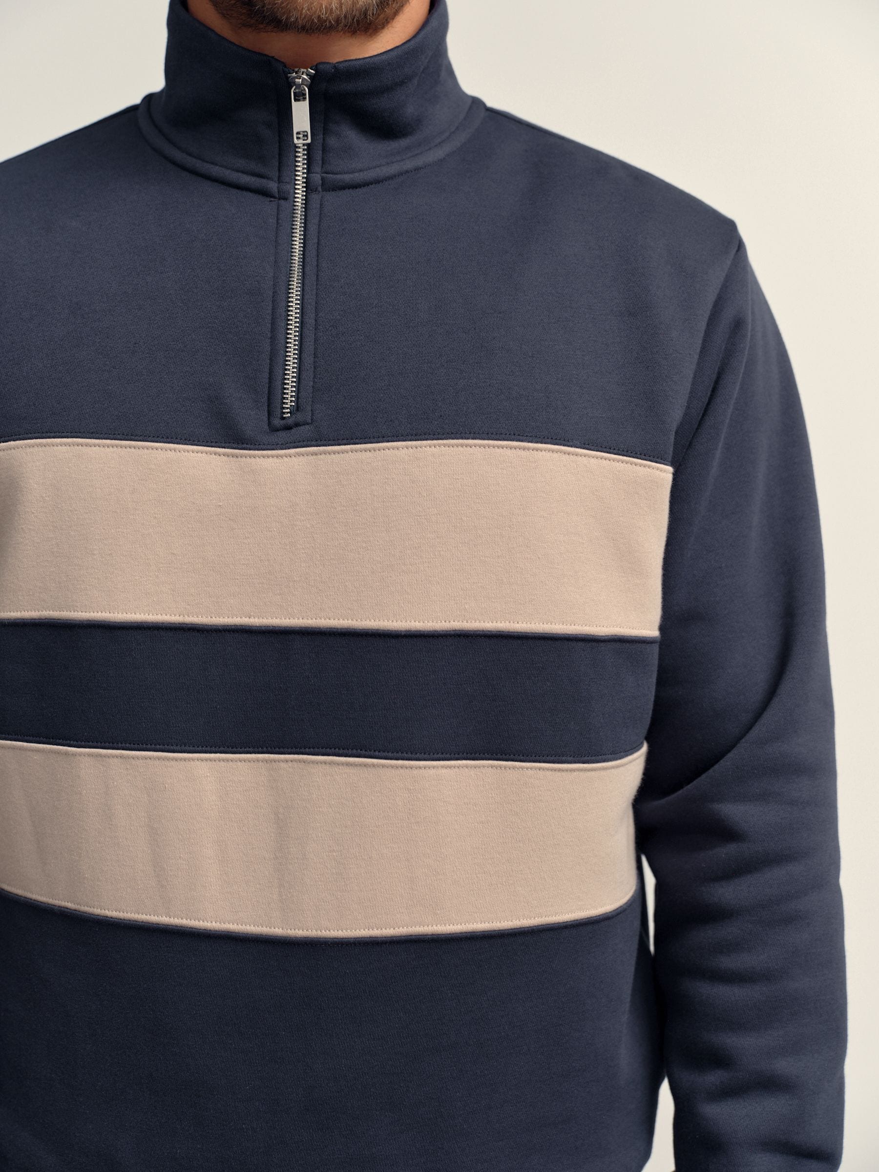Marineblauw/naturel - Kwartrits - Sweatshirt met colourblocking