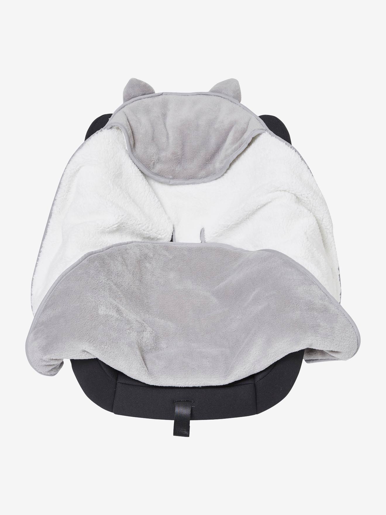 Manta para bebê com capuz, feita de microfibra e fleece cinza liso.