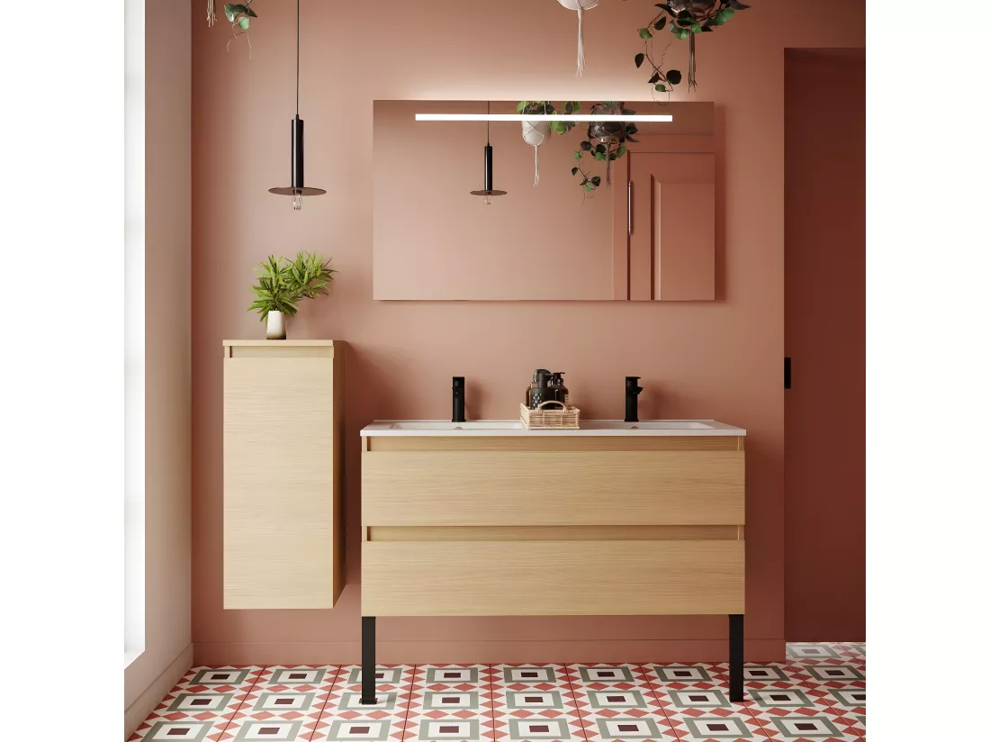 Meuble de salle de bain suspendu double vasque intégrée 120cm 2 tiroirs Chêne clair - Hudson