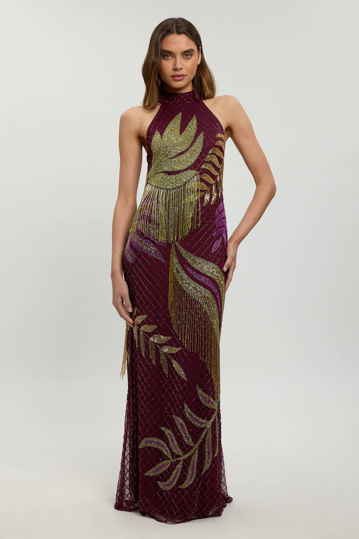 KarenMillen Robe Longue Dos Nu À Bretelles Avec Perles Et Motif Tropical Tissé