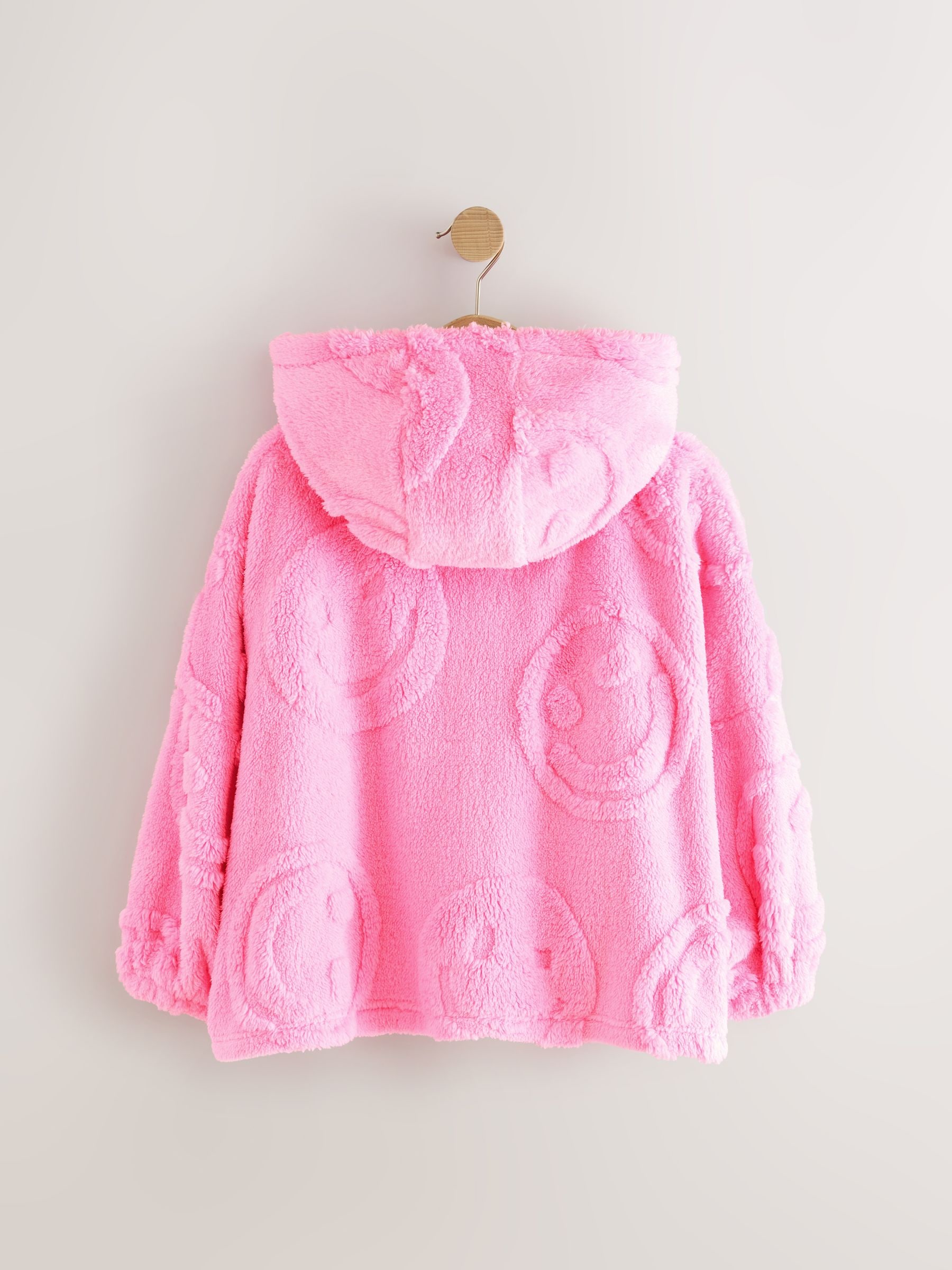 Roze - Jacquard fleecedeken met vrolijk gezicht, cropped en met capuchon (3-16jr)