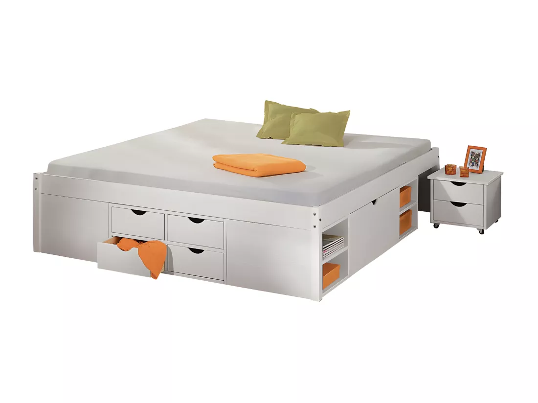 ALASKA - Pack Lit 140x190cm Multi-Rangements + Armoire 4 Portes