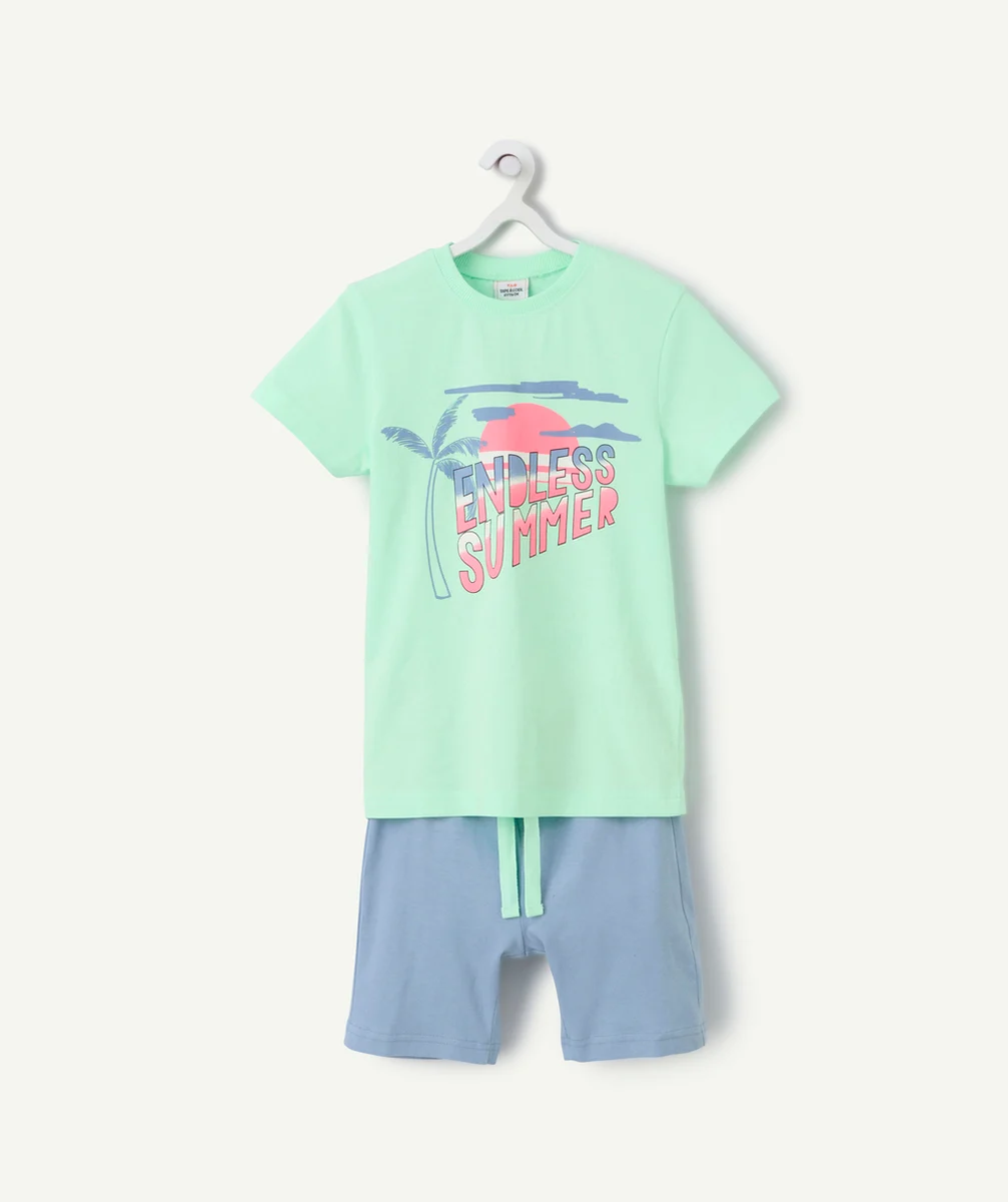 pyjama garçon en fibres recyclés vert fluo et bleu motif été
