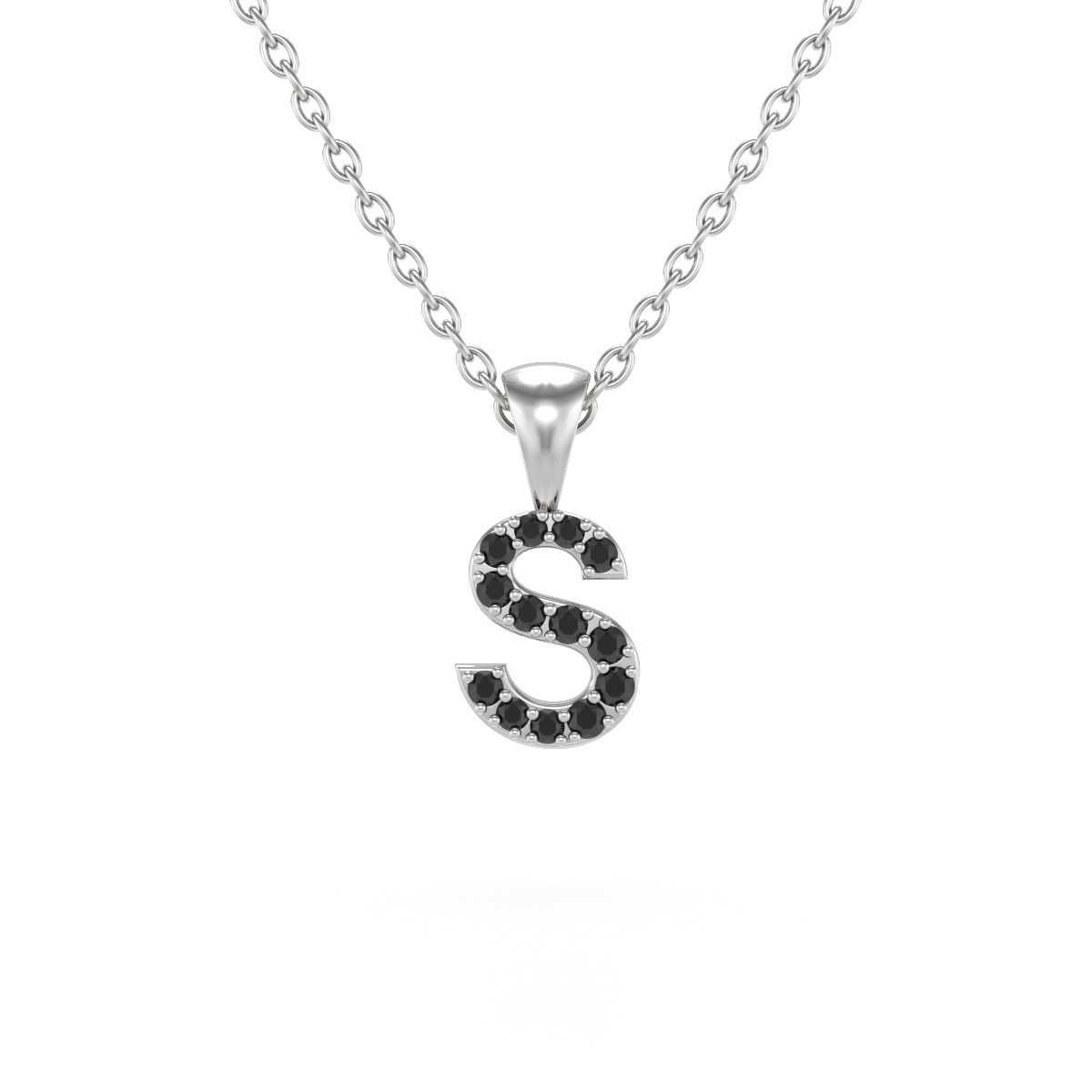 Collier Pendentif ADEN Lettre S Or 750 Blanc Diamant Noir Chaine Or 750 incluse 0.72grs
