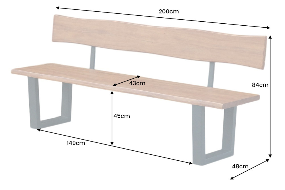 Massive Sitzbank GENESIS 200cm braun Akazienholz mit Rückenlehne Baumkante