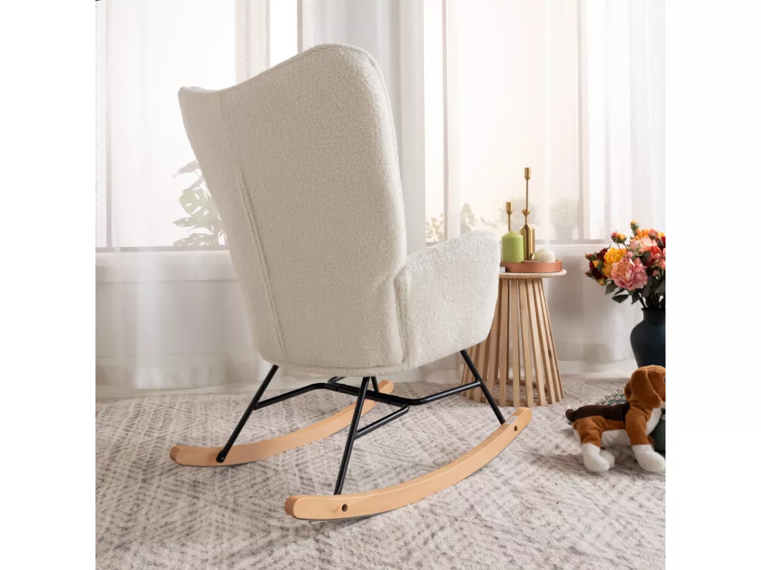 MEUBLES COSY Fauteuil à Bascule Allaitement Scandinave Chaise Loisir et Repos en Bouclette avec Pieds en E' Bois Métal pour Salon, Chambre, Massif, Beige, 66x84x97cm