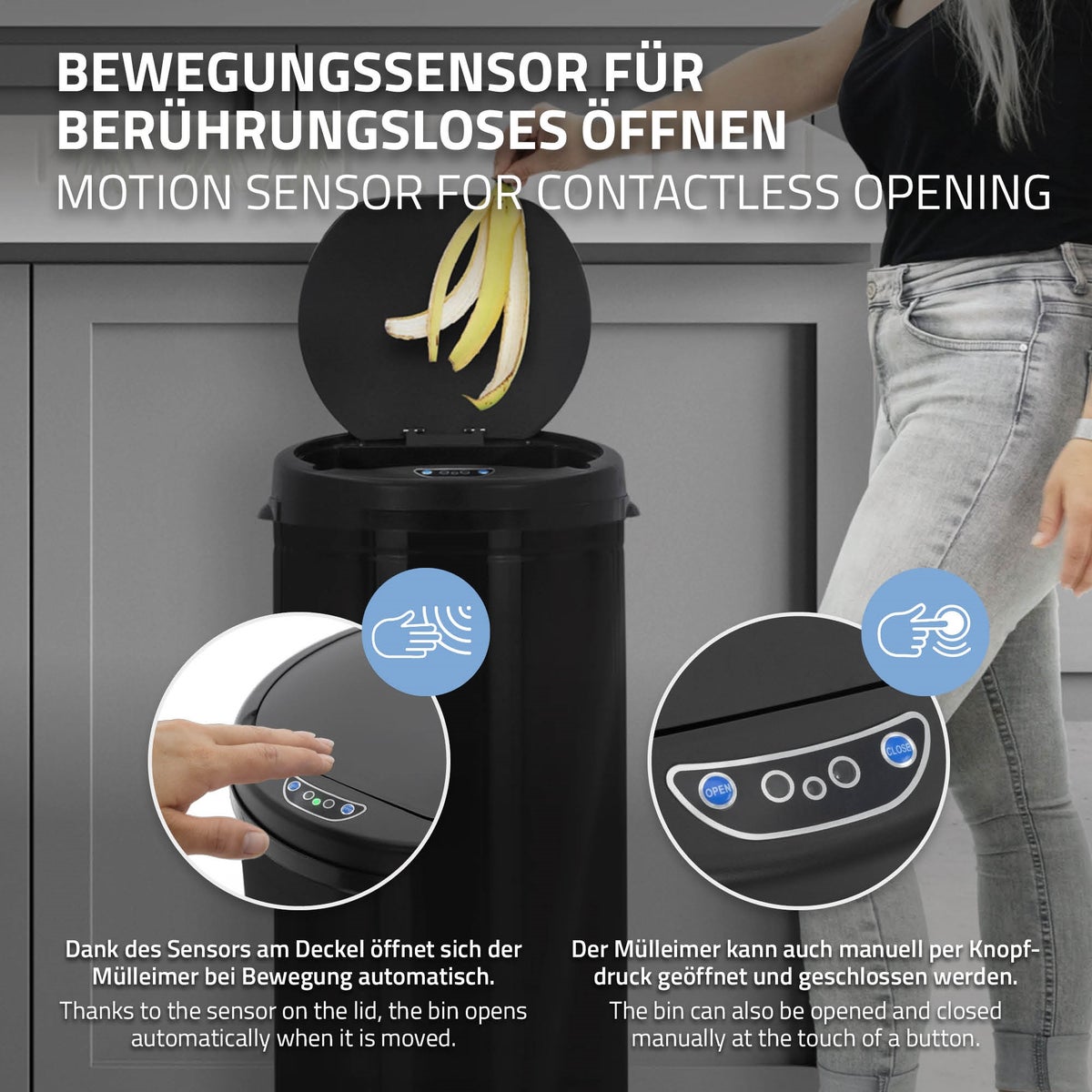 ML-Design 30L sensorbak van roestvrij staal, zwart, rond, automatisch openend en sluitend, aanraakvrije afvalbak, bewegingssensorbak, LED-indicator, klemring, voor keuken en kantoor