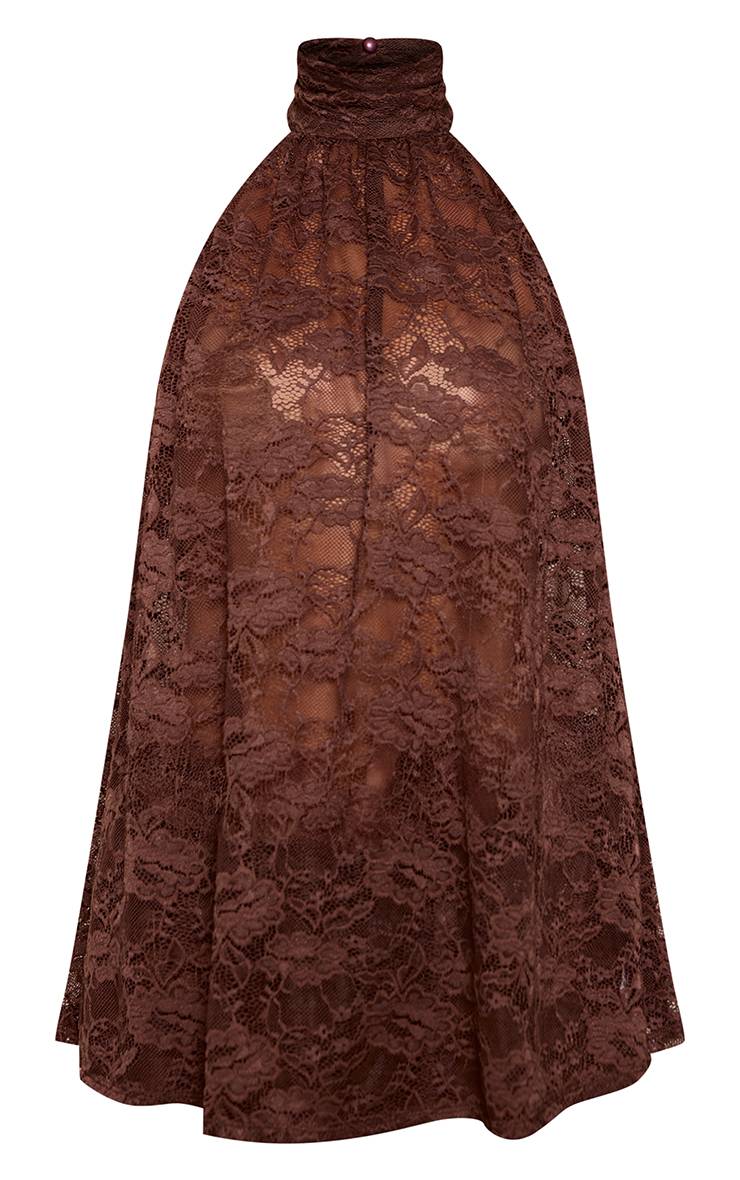 Marron Top Col Montant Sans Manches En Dentelle Transparente Coordonné