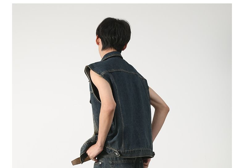 pinkdropper - Gewassen denim vest met kraag en knopen / Lage taille denim shorts met distressed effect