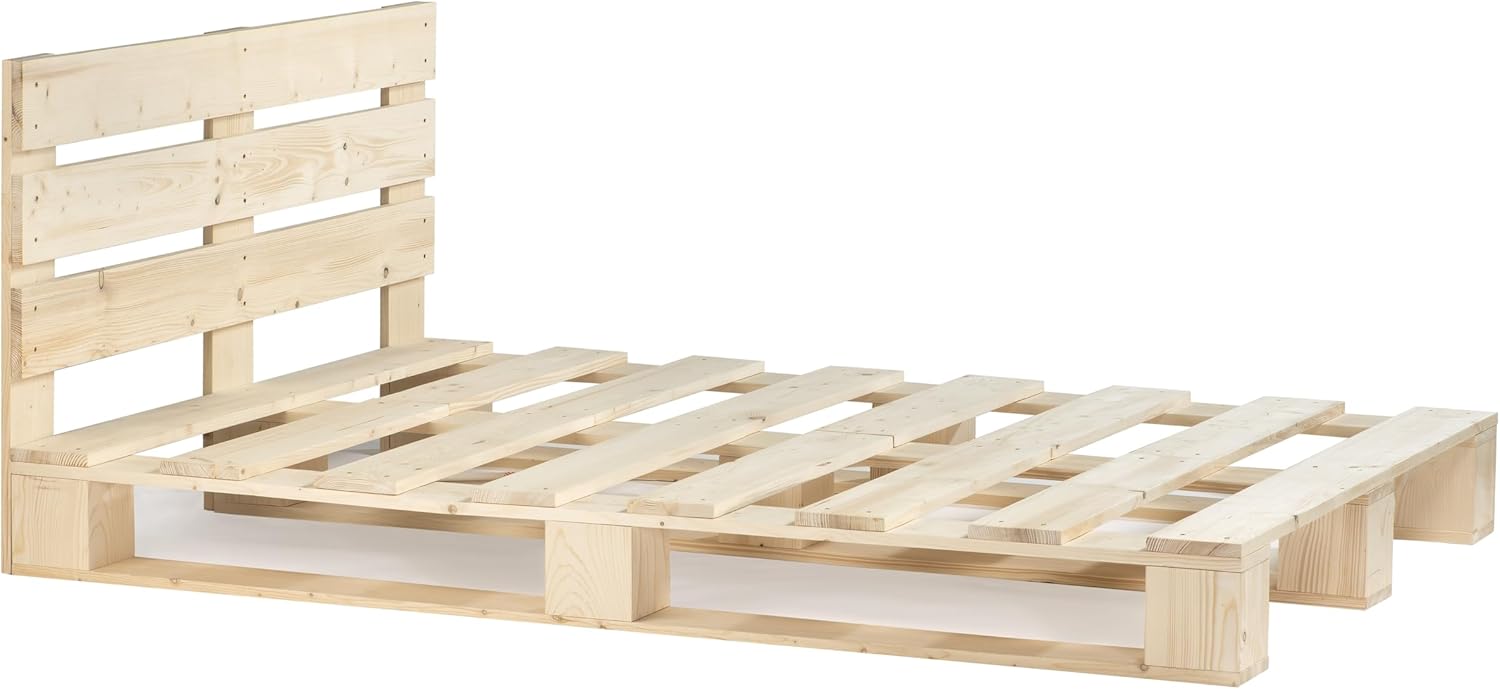 Palettenbett M1 aus Holz 140 x 200 cm Natur mit Kopfteil Holzbett 20cm Stabiles Seniorenbett Kinderbett Jugendbett Gästebett erhöhtes Einzelbett Bettgestell Futonbett Komforthöhe Naturholz