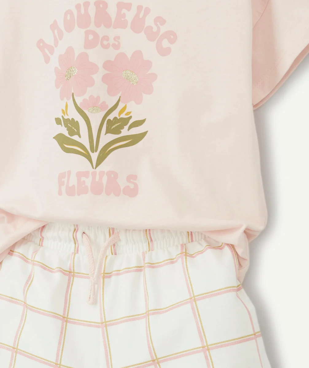 PYJAMA FILLE EN COTON BIOLOGIQUE ROSE ET À CARREAUX