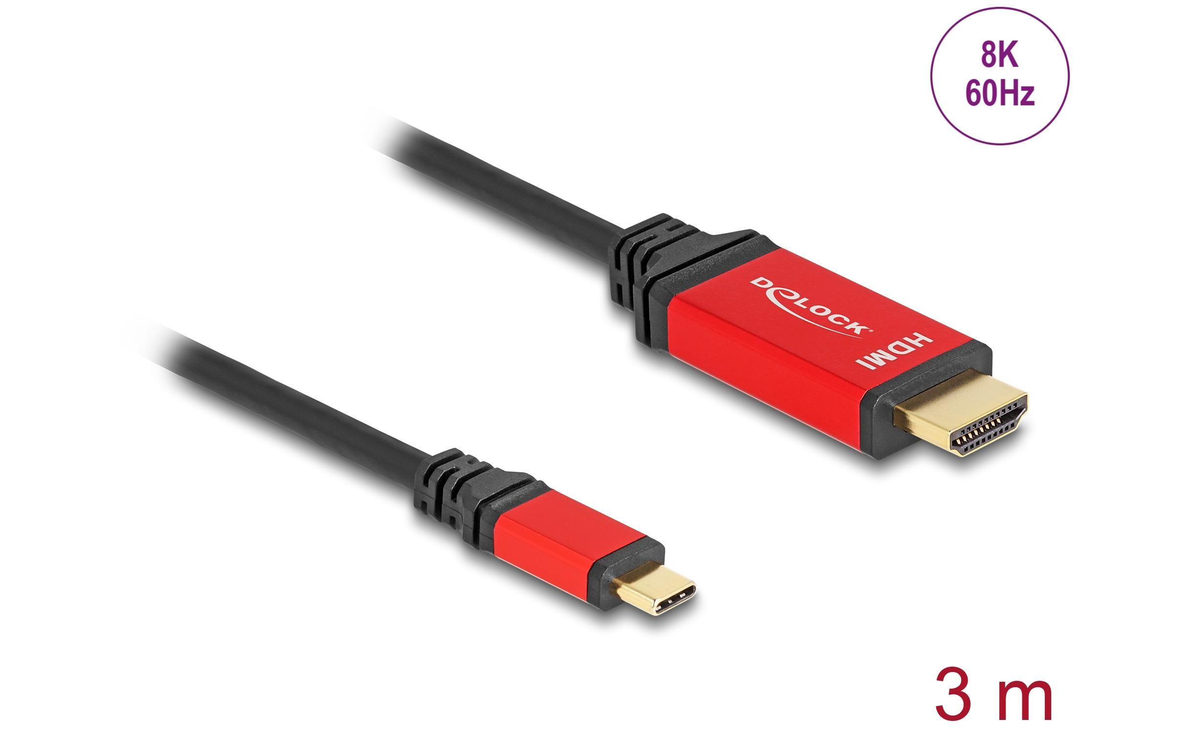 Kabel 8K 60Hz USB Type-C - HDMI, 3 mDelock USB Type-C zu HDMI Kabel (DP Alt Mode) 8K 60 Hz mit HDR Funktion 3 m rot