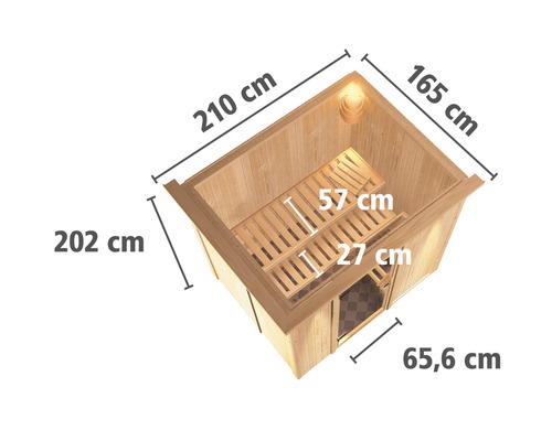 Karibu Wanja plug & play sauna zonder kachel, met dakrand en volledig glazen deur van helder glas
