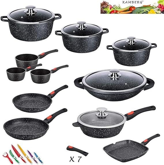 Kamberg - Set Lot Batterie de cuisine 29 pièces - Fonte d'aluminium - Revêtement pierre - Manche Amovible- Tous Feux dont Induction - Sans PFOA - 0008162