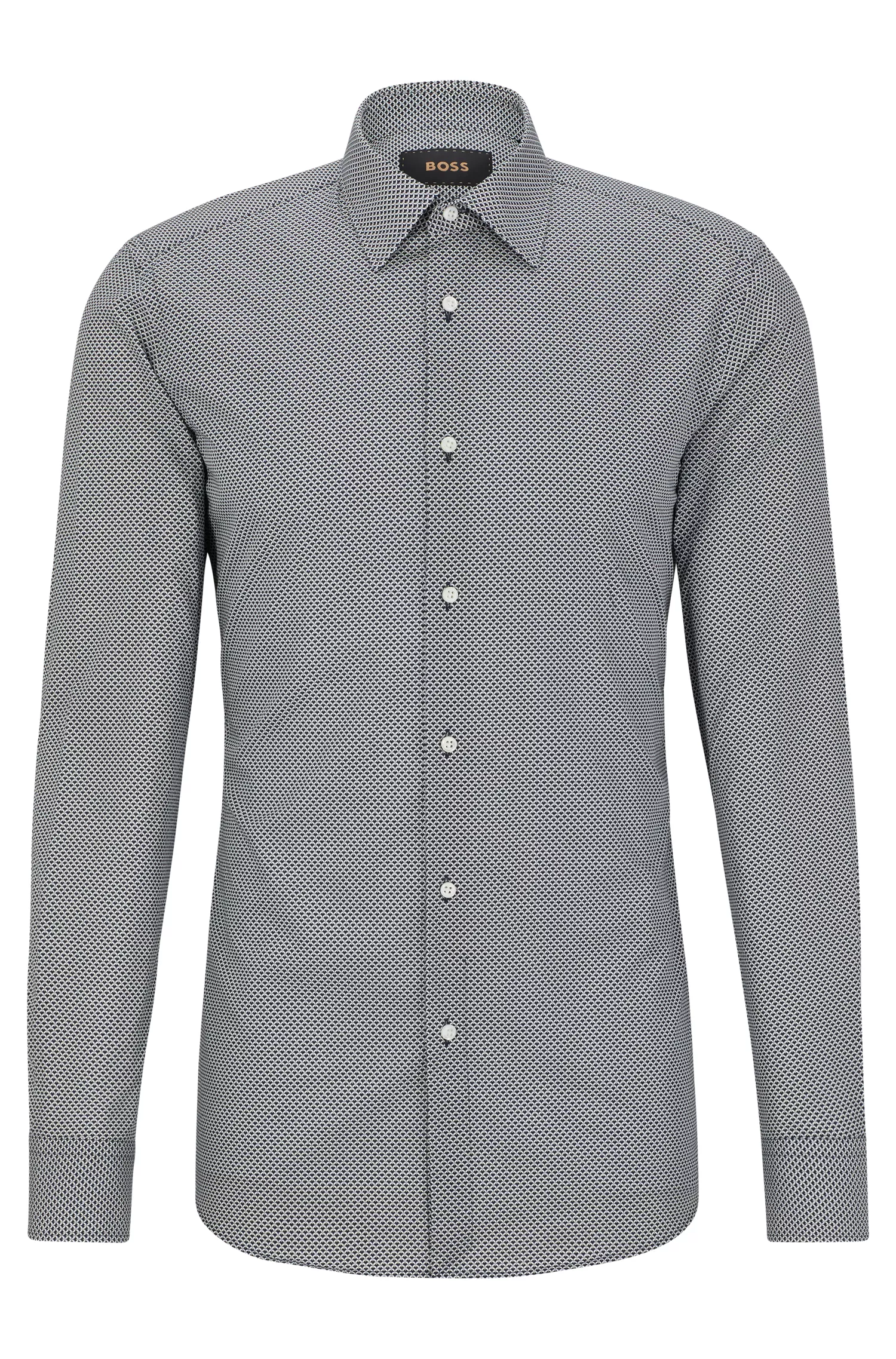 Camisa BOSS cor camelo, corte slim, em popeline de algodão estampado.