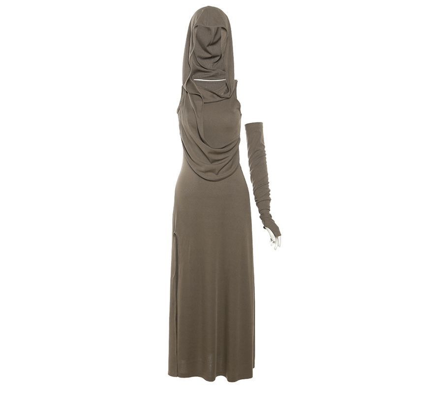 Sugarcoat - Set: Mouwloze maxi-jurk met capuchon, effen split en mouwen