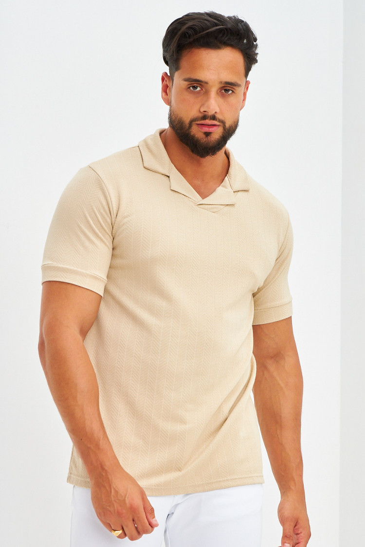 Polo col à rabats motifs chevrons beige