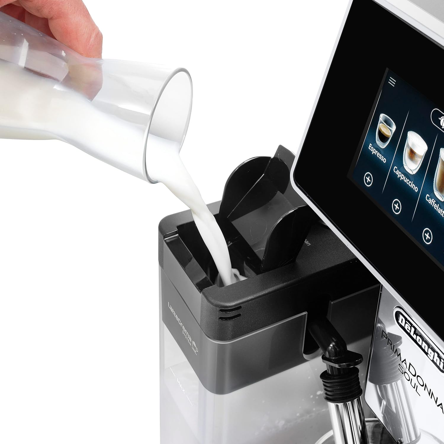 De'Longhi PrimaDonna Soul ECAM 612.55.SB Kaffeevollautomat mit LatteCrema Milchsystem & Bean Adapt Technologie, 18 Rezepte per Knopfdruck, Farbdisplay & App-Steuerung, Silber mit DLSC 500 Entkalker