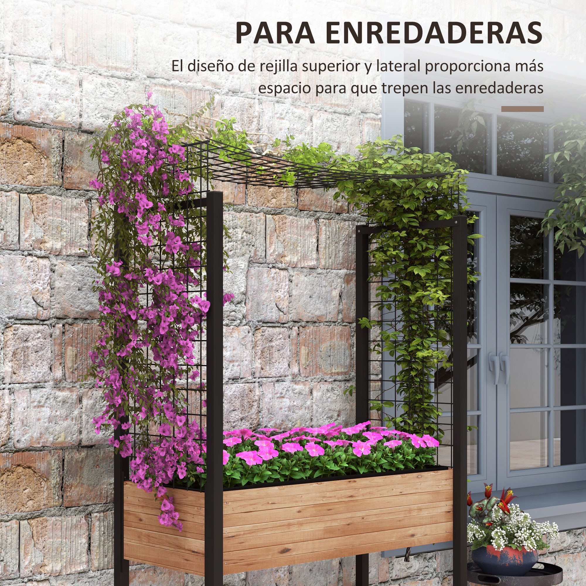 Canteiro Elevado Outsunny com Rodas, Jardim Urbano com Treliça e Orifícios de Drenagem para Plantas Trepadeiras e Flores, Vaso de Madeira, 110x49x190 cm, Marrom