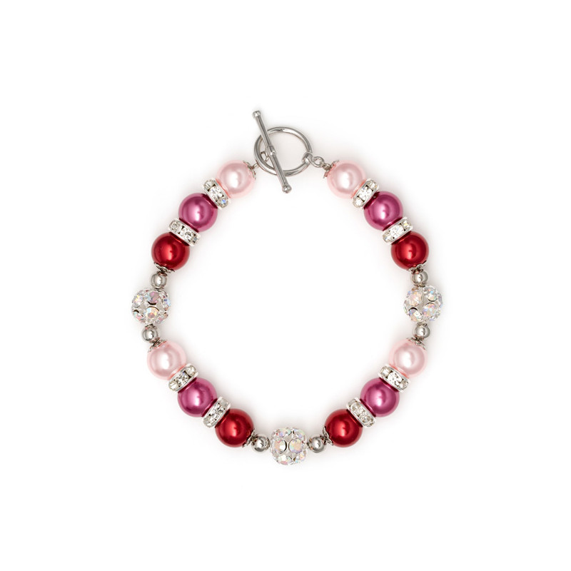Bracelet 1 Rang en Perles Roses, Cristal et Plaqué Rhodium
