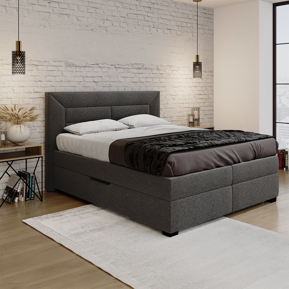 VitaliSpa Boxspringbett Doppelbett Ehebett Anthrazit modern 180x200 cm Schlafzimmer Bett Taschenfederkern PU-Komfortschaum Matratze Topper Bettkasten Möbelstoff Aufbewahrung